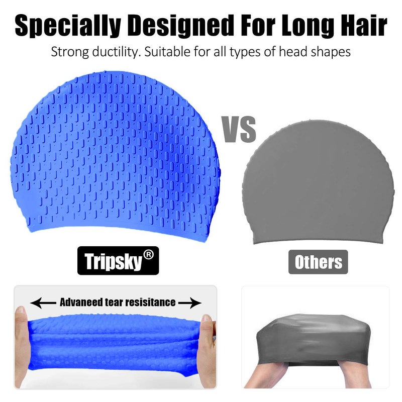 Tripsky Silicone Swim Cap,Comfortable Bathing Cap Ideal for Curly Short Medium Long Hair, Swimming Cap for Women and Men, Shower Caps Keep Hairstyle Unchanged (Dark Blue) - Image 3